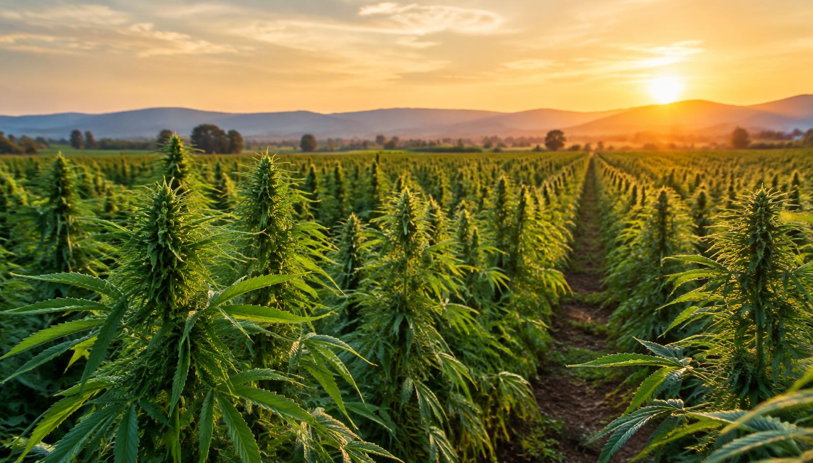 Hemp farm at sunset